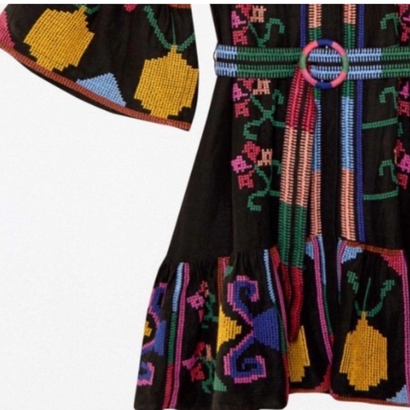 Farm Rio NWT Black stitch Bell Sleeve   embroidered dresss - Picture 3 of 5